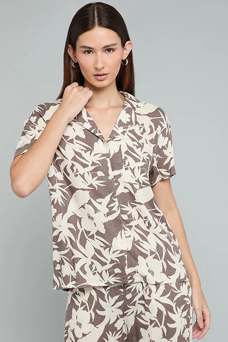 R&B Floral Print Shirt with Lapel Collar and Short Sleeves