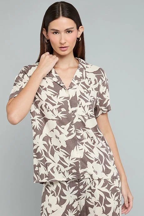 أر أند بي Floral Print Shirt with Lapel Collar and Short Sleeves