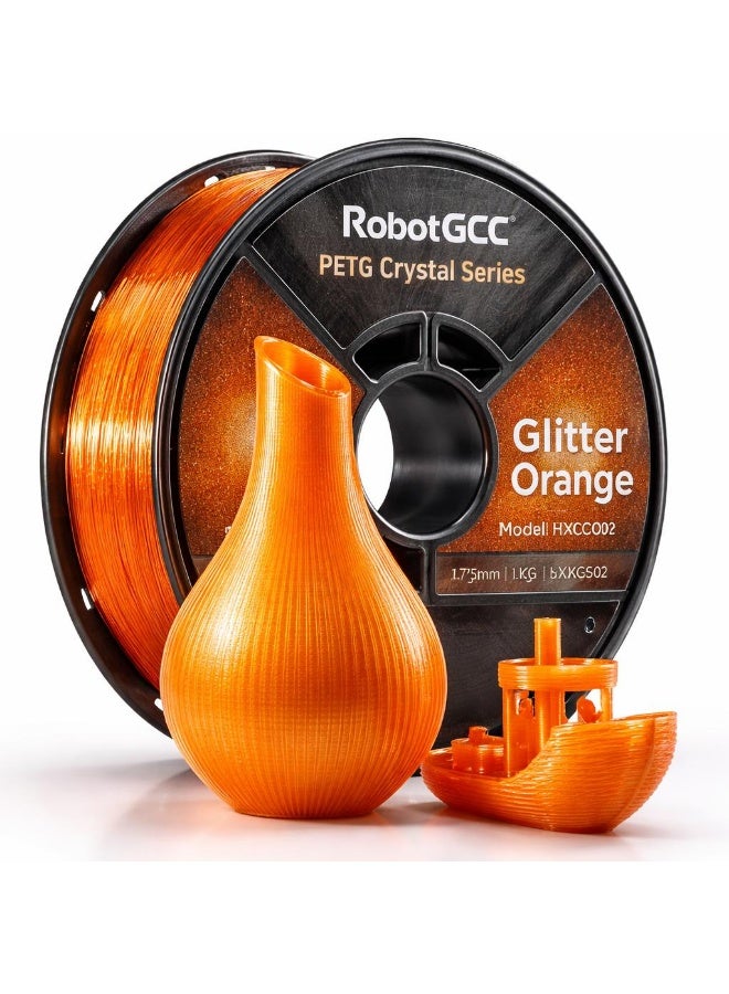 robotgcc PETG Glitter Orange 3D Printing Material 1.75mm 1KG Bright Sparkle Effect Vibrant Color High Strength Durable Smooth Extrusion Low Warping Strong Layer Adhesion Chemical Resistance Easy Print for FDM 3D Printer Creative Design Decorative Models Prototyping - Image 1