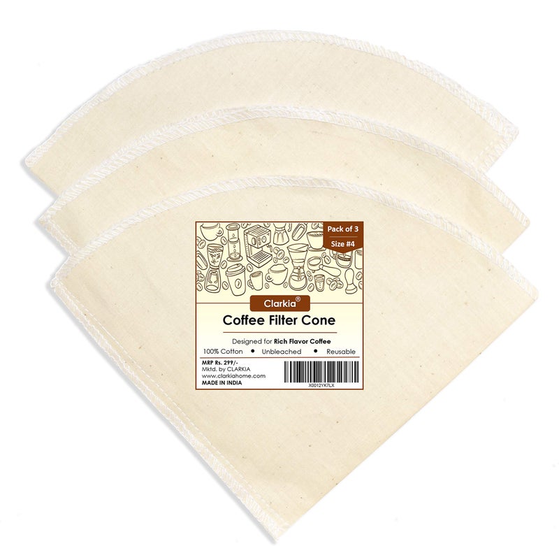 Clarkia 3 Piece Size #4 Cotton Cone Coffee Filters Unbleached All-Natural, Reusable Filter Pour Over Dripper - Eco-Friendly - Image 1
