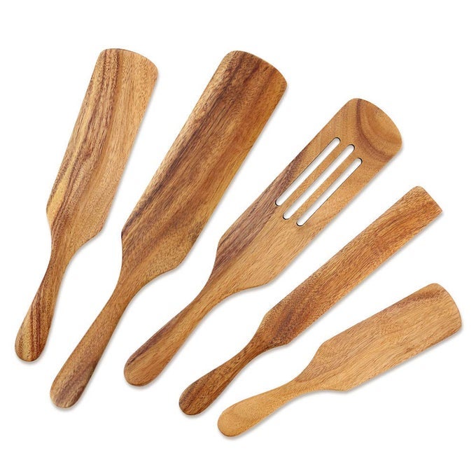 WOODEN COOKING UTENSILS WOODEN SPATULAS SET AS SEEN ON TV 5 PCS NATURAL ACACIA WOOD SPURTLE KITCHEN TOOLS UTENSIL SET HEAT RESISTANT NON STICK WOOD COOKWARE SLOTTED SPATULA FOR STIRRING