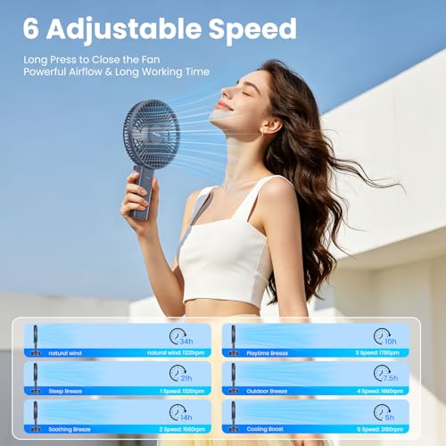 HandFan 6 Inch Handheld Fan with 4000mAh Battery 6 Speed Personal Fan, Strong Airflow, Cooling Desk Removable Base Design, 5-34H Working Time, 180° Foldable for Travel Outdoor Office Household(grey) - Image 2