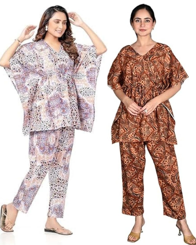 Vlazom Women's 100% Cotton Printed Kaftan & Pyjama Set – Combo Pack of 2 | Free Size Nightwear with Pocket | Soft Cotton Loungewear Co-ord for Women (Blue,Musterd, Free Size) - Image 1
