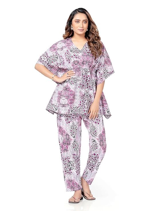 Vlazom Women's 100% Cotton Printed Kaftan & Pyjama Set – Combo Pack of 2 | Free Size Nightwear with Pocket | Soft Cotton Loungewear Co-ord for Women (Blue,Musterd, Free Size) - Image 3