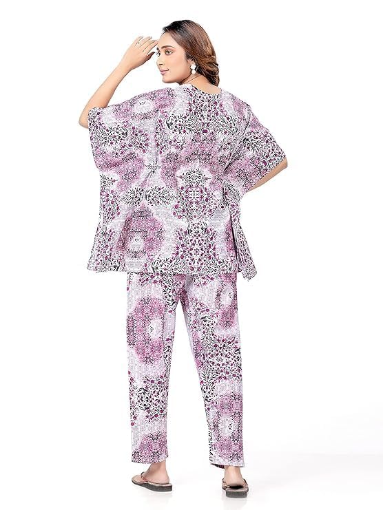 Vlazom Women's 100% Cotton Printed Kaftan & Pyjama Set – Combo Pack of 2 | Free Size Nightwear with Pocket | Soft Cotton Loungewear Co-ord for Women (Blue,Musterd, Free Size) - Image 4