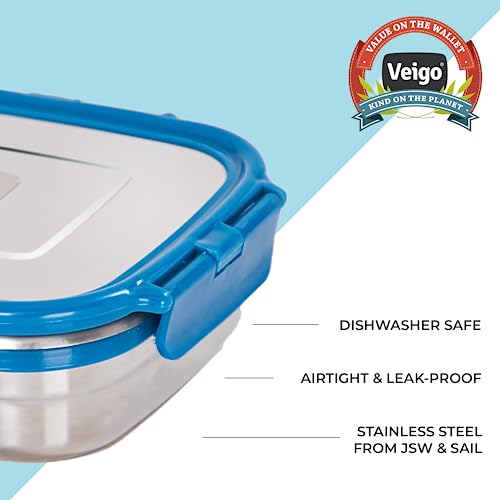 Veigo Stainless Steel Medium Snack Box for Kids, Snack Box for Office (330 Ml)| Leakage Proof Box | Lunch Box for School (330ml) | Dark Blue - Image 4