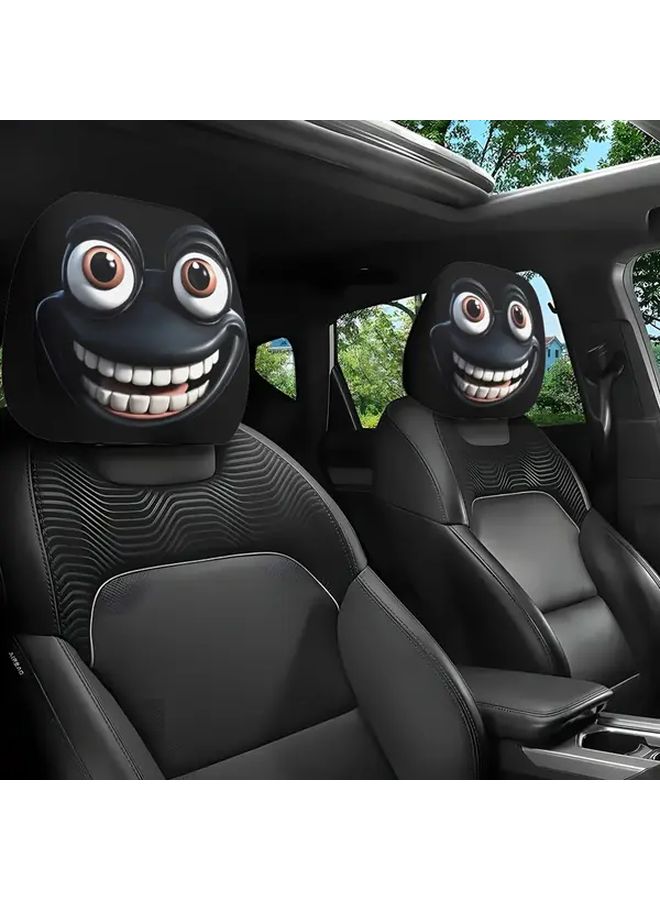 Set Of 2 Cartoon Themed Car Headrest Covers With Big Eyed Animal Print Funny Halloween Or Christmas Gift For Travel And Daily Commute - Image 1