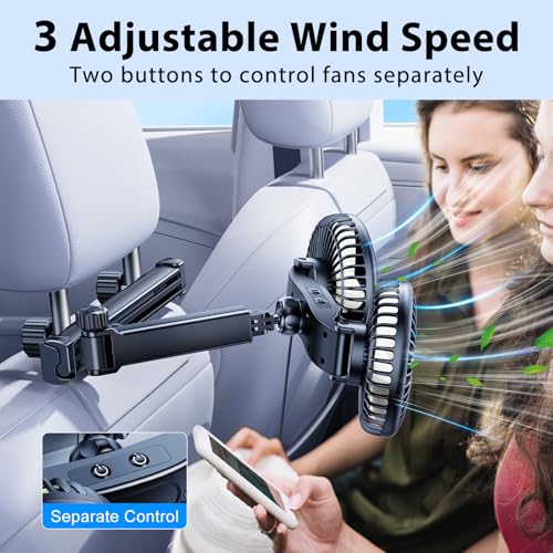 Nauttxon Car Fan for Backseat kids with Retractable Long Arm, [Comes with Car Charger] USB Car Seat Fan Headrest 360 Degree Rotatable 3 Speeds Separate Control for Vehicles SUV RV - Image 4