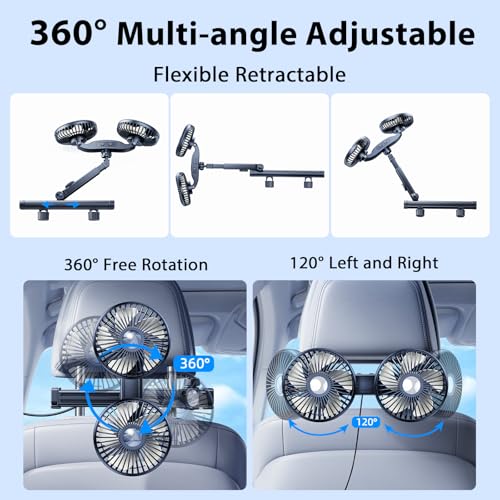 Nauttxon Car Fan for Backseat kids with Retractable Long Arm, [Comes with Car Charger] USB Car Seat Fan Headrest 360 Degree Rotatable 3 Speeds Separate Control for Vehicles SUV RV - Image 3