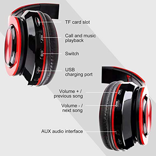 LFGKeng Wireless Bluetooth Headphones with Colorful LED Lights, Built-in Mic, Light Weight, Foldable, Wired HiFi Stereo Headphones for Classroom/Home Office/PC/Mobile Phone/Kids Adult (Red Black) - Image 4