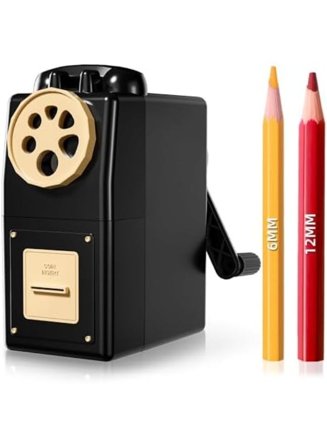 Manual Hand Crank Pencil Sharpener for Colored Pencils 6-12mm, Multi-Size 6 Adjustable Settings, Large Shavings Container, Durable & Portable for Home, Office, School Use - Image 1