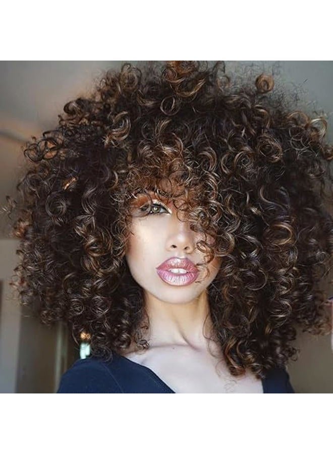 rosmile Curly Wigs for Black Women - Ombre Brown Mixed Synthetic Hair African American Full Afro Curly Wig with Bangs - Image 1