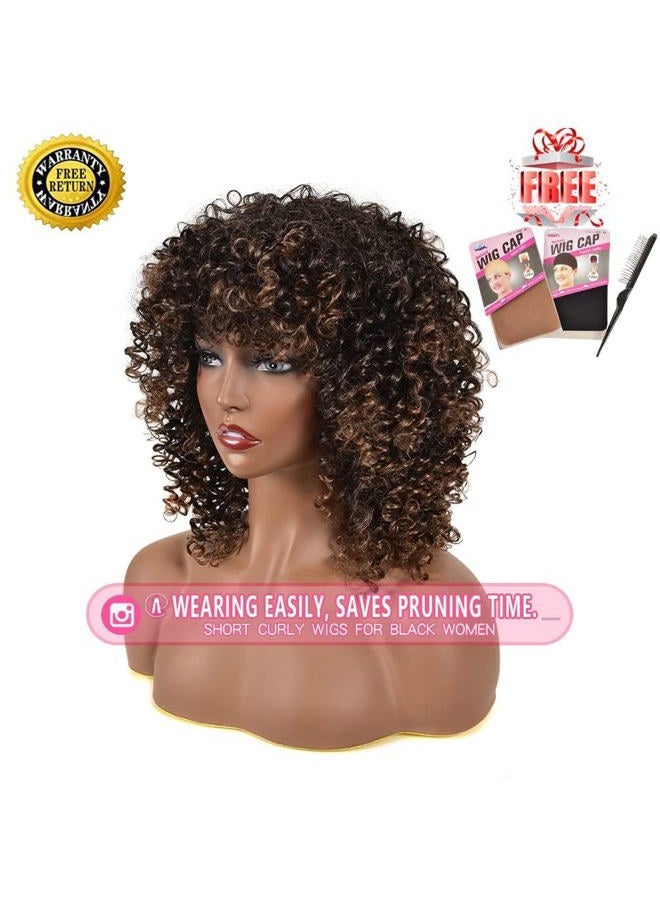rosmile Curly Wigs for Black Women - Ombre Brown Mixed Synthetic Hair African American Full Afro Curly Wig with Bangs - Image 3