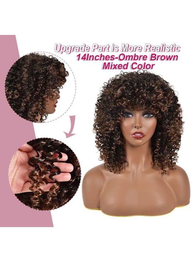 rosmile Curly Wigs for Black Women - Ombre Brown Mixed Synthetic Hair African American Full Afro Curly Wig with Bangs - Image 4