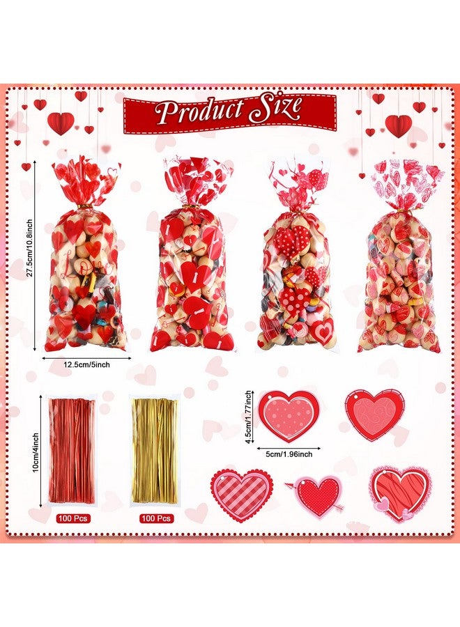 Geyee 100 Pcs Valentine Cellophane Treat Bags With 50 Pcs Heart Shape Gift Tags And 200 Pcs Twist Ties Plastic Valentine Goodie Candy Bags Gift Bags Valentine Favor Bags For Valentine'S Day Party Supplies - Image 2