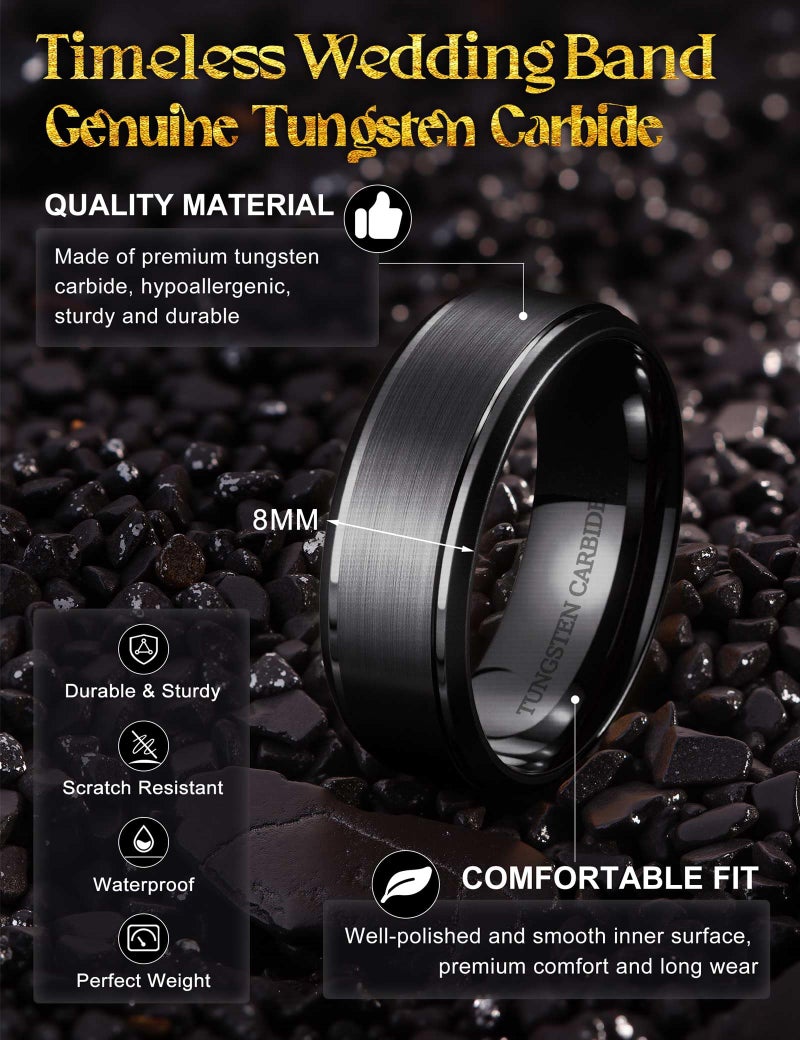 Jstyle Tungsten Wedding Rings for Men Women 8MM Mens Wedding Band Black/Silver/Gold Mens Rings, Matte Surface Polished Edge Engagement Promise Men Ring Jewelry Comfort Fit Black Ring Size 10 - Image 2
