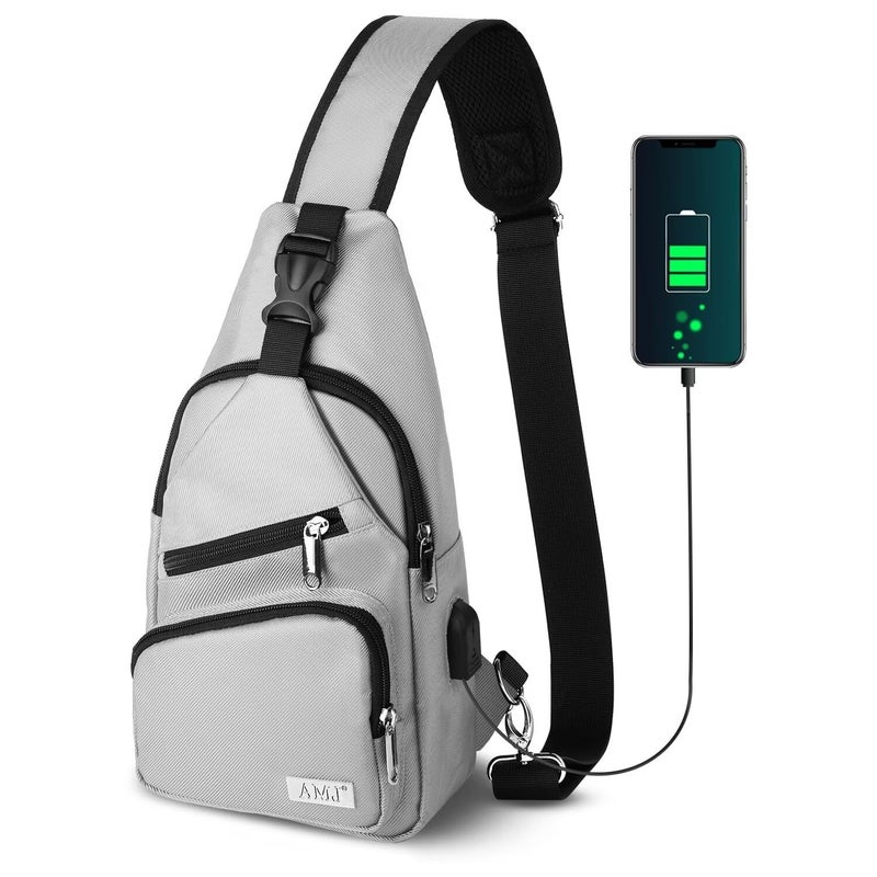 إيه إم جيه Crossbody Sling Bag Men Women, Casual Shoulder Backpack, Chest Daypack Satchel for Hiking Travel (Large, White Gray) - Image 1