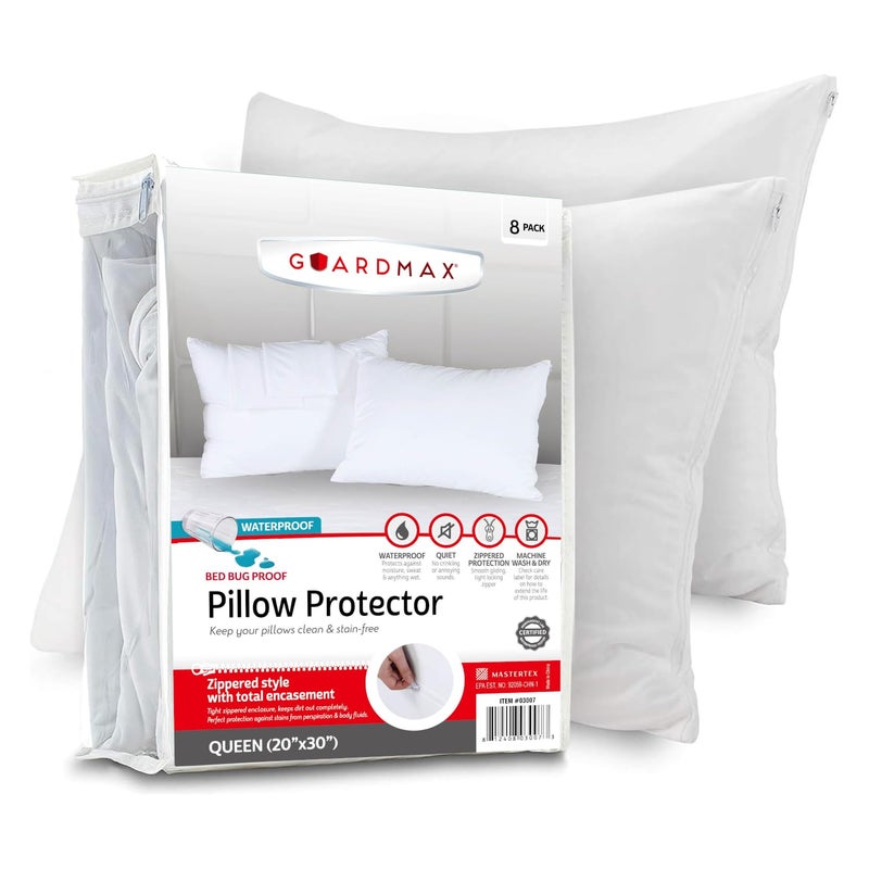 Guardmax Jersey Knitted Pillow Protector with Zipper Queen Size - 8 Pack - 100% Waterproof, Bed Bug Proof, Dust Mite Proof, & Hypoallergenic Pillow Covers - Premium Zippered Pillow Cases. (20 X 30) - Image 1