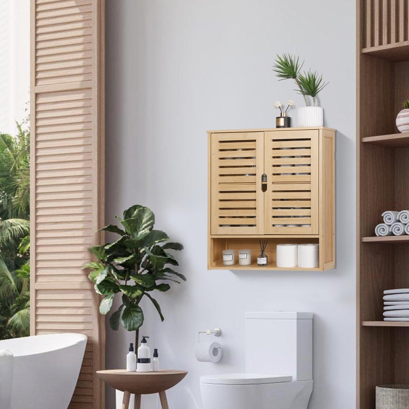 HYNAWIN Bathroom Wall-Mounted Medicine Cabinet - Over-The-Toilet Floating Bamboo Storage Organizer with Adjustable Shelf, Space-Saving for Kitchen, and Living Room - Image 2