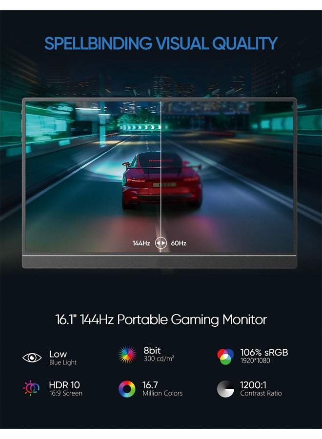 16.1'' 144Hz Portable Gaming Monitor, 106% sRGB 1080P FHD Kickstand Portable Monitor with HDR, Ultra Slim, Eye Care, External Second Screen for Laptop, PC, PS5, Mac, Xbox, Switch  - Image 3