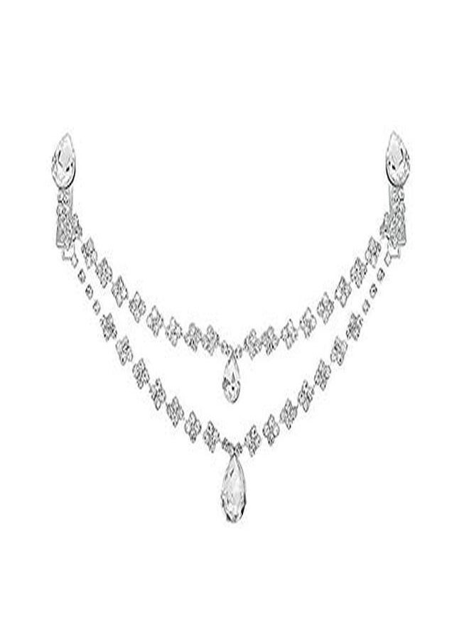 Suoirblss Women Fashion Rhinestone Double Chain Headpiece Silver Crystal Headpiece Pendant Headband Bridal Forehead Chain For Wedding Party Prom (B)  - Image 1