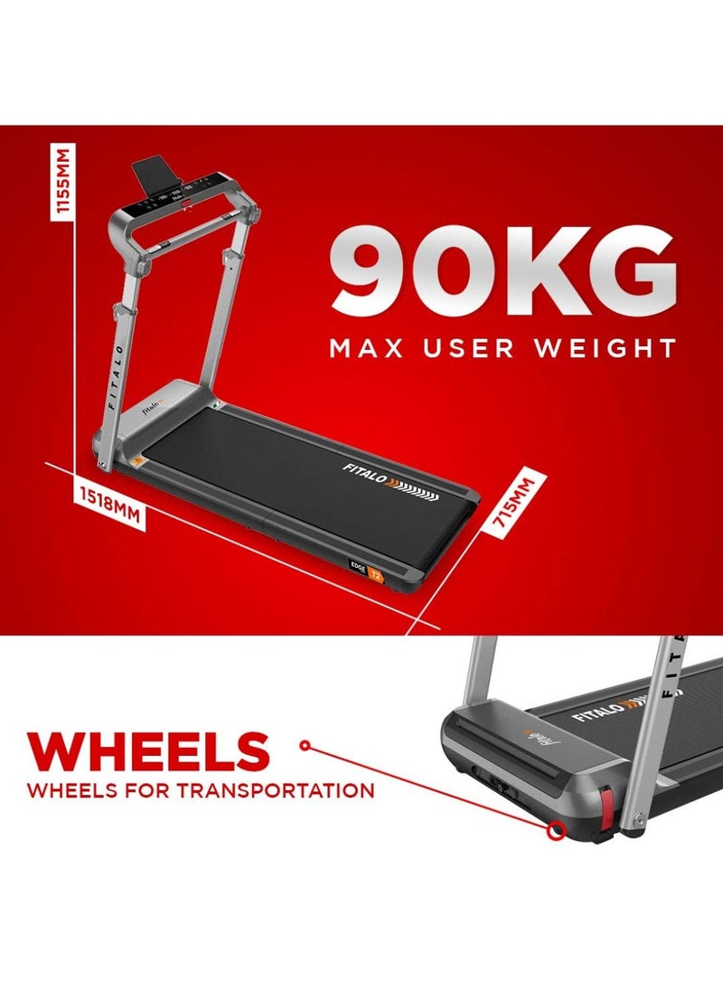 PowerMax Fitness - Fitalo Edge T2 (3.0HP Peak) DC Motorised Foldable Running Deck Treadmill for Home Use | Max user 90 KG, LED Display, Compact Running Machine, Adjutable Upright Post, Hand Pulse, Speaker, Free Assembly - Image 1