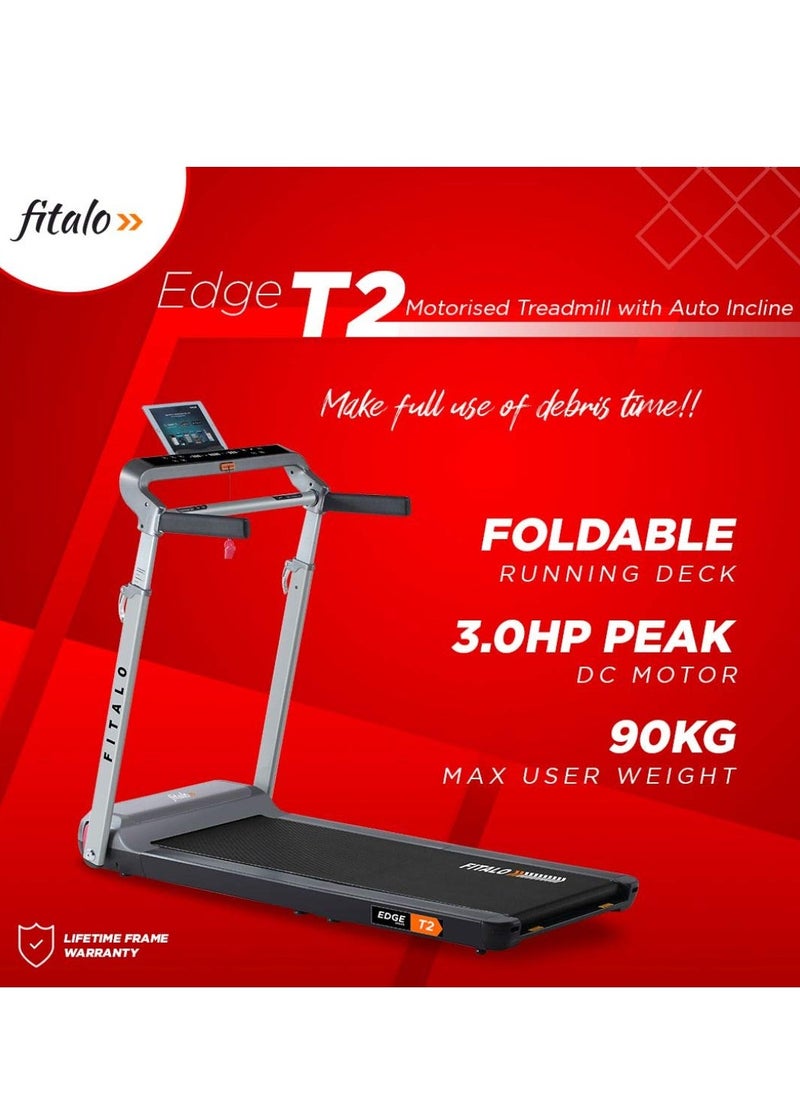 PowerMax Fitness - Fitalo Edge T2 (3.0HP Peak) DC Motorised Foldable Running Deck Treadmill for Home Use | Max user 90 KG, LED Display, Compact Running Machine, Adjutable Upright Post, Hand Pulse, Speaker, Free Assembly - Image 1