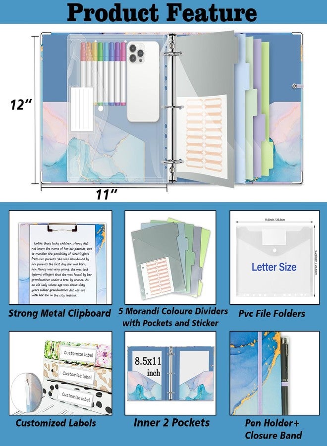 BVSSX 2 Inch 3 Ring Binder Organizer with Clipboard, 5-Tab Pockets Dividers, Transparent Folder, 18 Divider Stikers, Decorative Three Ring Binder with Pen Loop, Elastic Strap (Blue Marble,Letter Size) - Image 2