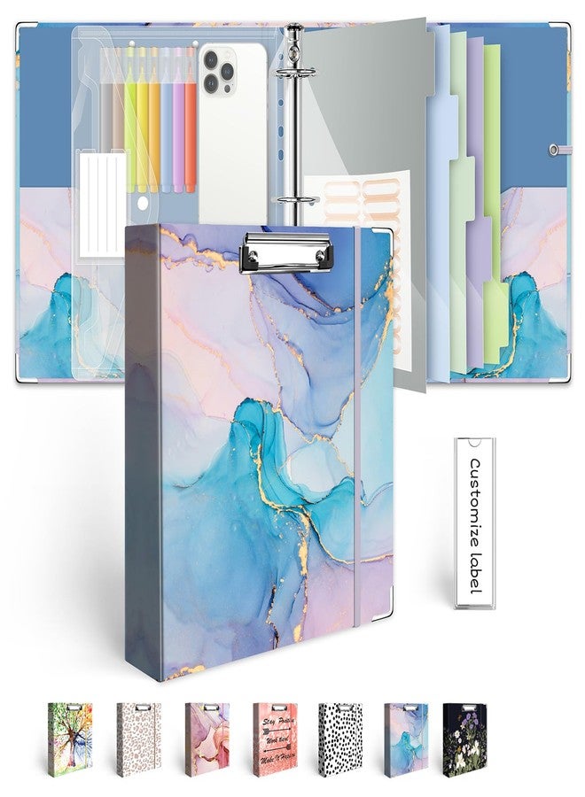 BVSSX 2 Inch 3 Ring Binder Organizer with Clipboard, 5-Tab Pockets Dividers, Transparent Folder, 18 Divider Stikers, Decorative Three Ring Binder with Pen Loop, Elastic Strap (Blue Marble,Letter Size) - Image 1