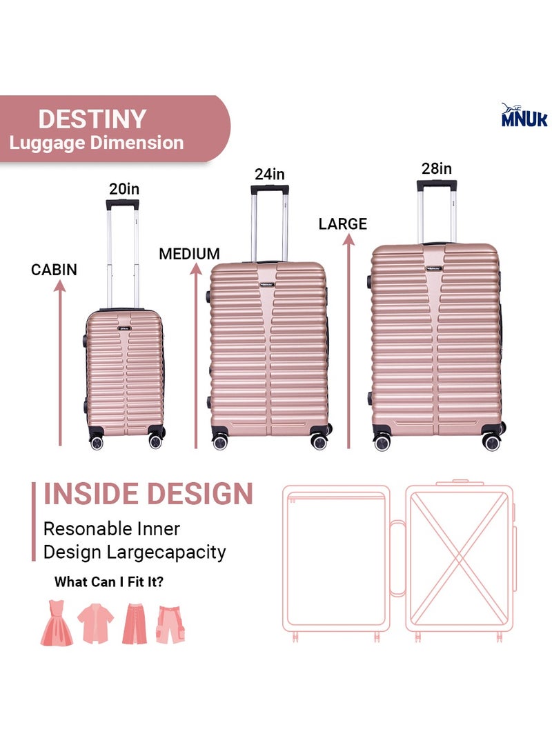 MNUK - Destiny Checked Luggage | Hardside Soft Handle Trolley with TSA Lock |Double 360° 8 Wheeler| Medium-24 Inch,Gold - Image 1