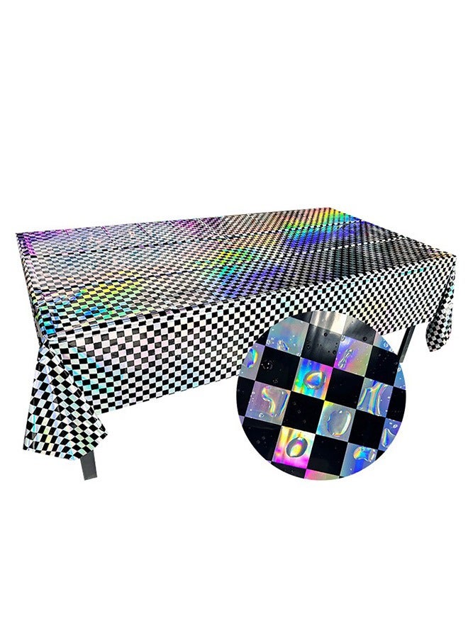 2-Pack Laser Black and White Lattice Plastic Tablecloths, Shiny Disposable Laser Rectangular Tablecloths, Suitable For Party Decoration Birthday Wedding  - Image 1