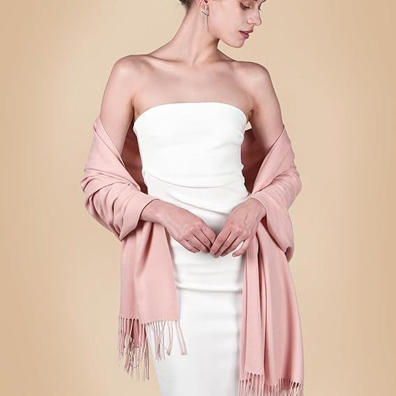 Faux Cashmere Fringed Shawl for Women – Elegant Solid Color Wrap - Image 3
