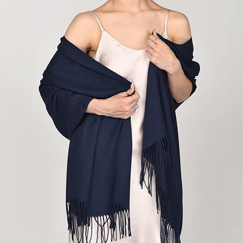 Faux Cashmere Fringed Shawl for Women – Elegant Solid Color Wrap - Image 2
