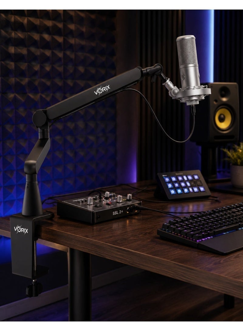 VORIX 2-in-1 Microphone Boom Arm Stand, Height Adjustable Low Profile & High Profile Metal Mic Arm with 360° Rotation, Built-in Cable Management, Heavy-Duty C-Clamp, 3/8" & 5/8" Adapter, Supports Up to 2.5kg - Image 4