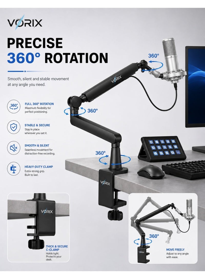 VORIX 2-in-1 Microphone Boom Arm Stand, Height Adjustable Low Profile & High Profile Metal Mic Arm with 360° Rotation, Built-in Cable Management, Heavy-Duty C-Clamp, 3/8" & 5/8" Adapter, Supports Up to 2.5kg - Image 2