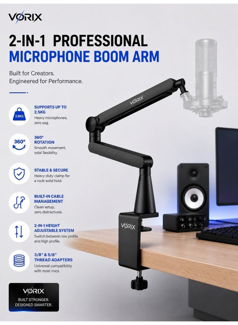 VORIX 2-in-1 Microphone Boom Arm Stand, Height Adjustable Low Profile & High Profile Metal Mic Arm with 360° Rotation, Built-in Cable Management, Heavy-Duty C-Clamp, 3/8" & 5/8" Adapter, Supports Up to 2.5kg - Image 1