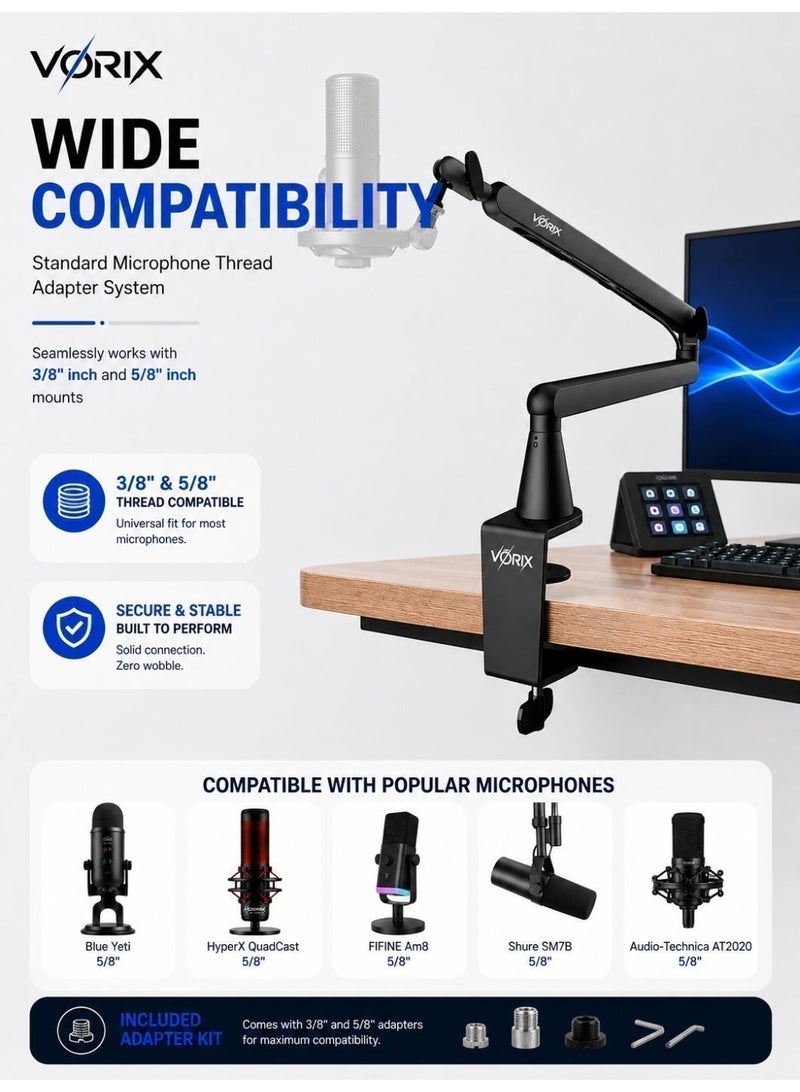 VORIX 2-in-1 Microphone Boom Arm Stand, Height Adjustable Low Profile & High Profile Metal Mic Arm with 360° Rotation, Built-in Cable Management, Heavy-Duty C-Clamp, 3/8" & 5/8" Adapter, Supports Up to 2.5kg - Image 3