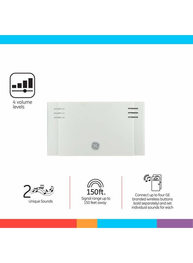 GE Wireless Doorbell Kit,Battery-Operated Receiver,1 Push Button door bell,2 Melodies,4 Volume Levels doorbell chime,classroom doorbell,150 Ft Range,Mountable,White,19247 - Image 2