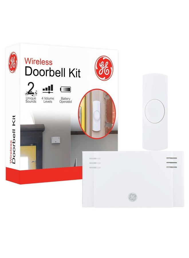 GE Wireless Doorbell Kit,Battery-Operated Receiver,1 Push Button door bell,2 Melodies,4 Volume Levels doorbell chime,classroom doorbell,150 Ft Range,Mountable,White,19247 - Image 1