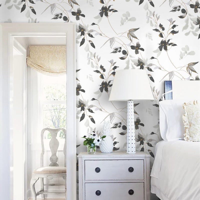 HeloHo Black and White Peel and Stick Wallpaper Modern Floral Wallpaper Leaf Self Adhesive Removable Wall Paper Boho Waterproof Contact Paper for Bathroom Living Room Bedroom Decor 15.35in x 78.7in - Image 2