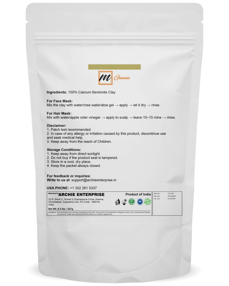 mGanna 100% Natural Calcium Bentonite Clay Powder for Facial Masks, Creams, Body Wraps and Soap Making 0.5 LBS / 227 GMS - Image 2