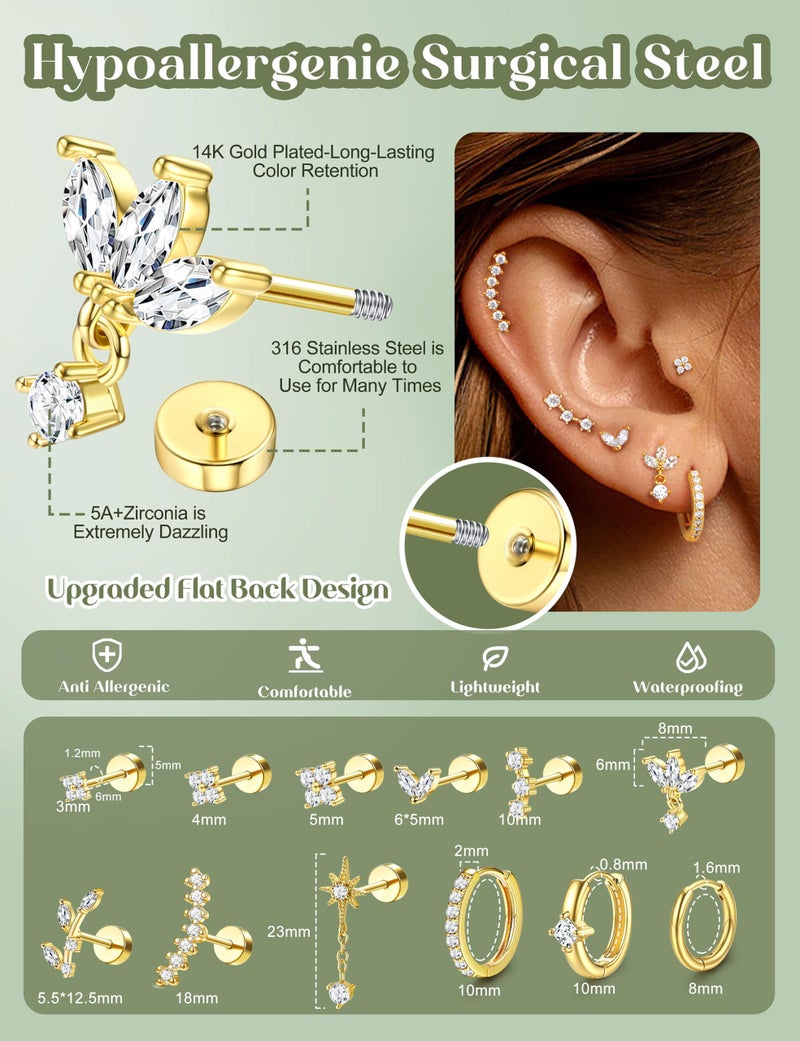 ORAZIO 16 Gauge Cartilage Earrings for Women Flat Back Hypoallergenic Surgical Steel 14K Gold Plated Flatback Stud Hoop Cartilage Earring Stack Set Daith Conch Tragus Helix Piercing Jewelry Single PC - Image 5