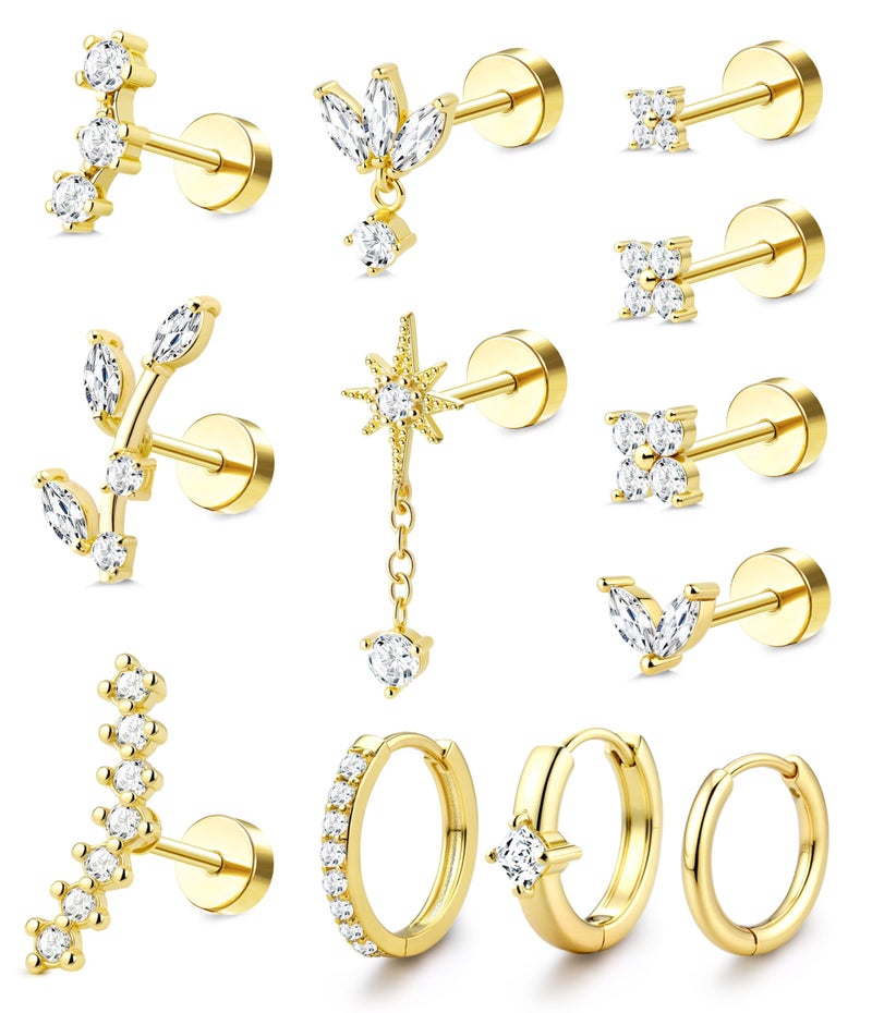 ORAZIO 16 Gauge Cartilage Earrings for Women Flat Back Hypoallergenic Surgical Steel 14K Gold Plated Flatback Stud Hoop Cartilage Earring Stack Set Daith Conch Tragus Helix Piercing Jewelry Single PC - Image 1