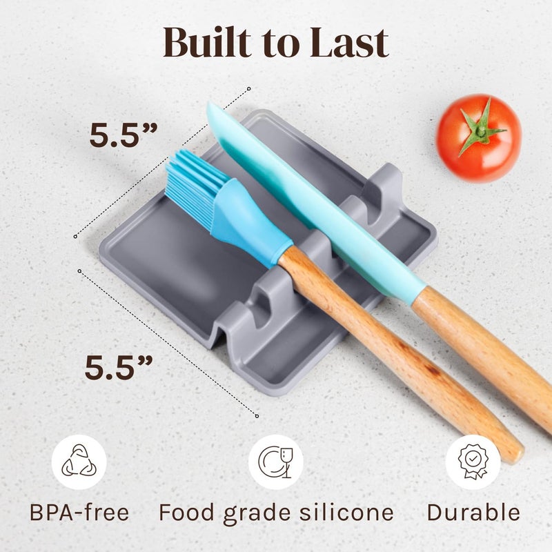 Cooler Kitchen Silicone Spoon Rest for Stove Top with Drip Pad (2 Pack) - Heat Resistant BPA Free Utensil Rest & Kitchen Spoon Holder for Kitchen Counter - Grill Countertop - Spatula Holder, Tongs, Ladle - Gray - Image 5