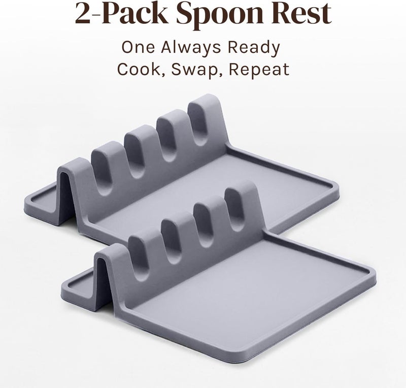 Cooler Kitchen Silicone Spoon Rest for Stove Top with Drip Pad (2 Pack) - Heat Resistant BPA Free Utensil Rest & Kitchen Spoon Holder for Kitchen Counter - Grill Countertop - Spatula Holder, Tongs, Ladle - Gray - Image 2