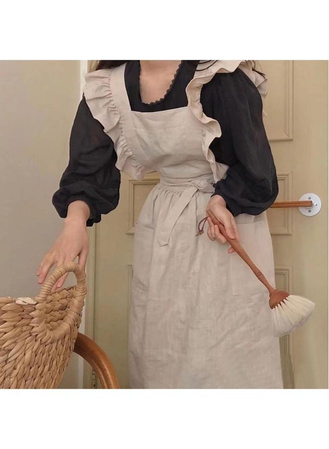 Household lotus leaf lace cotton linen apron Kitchen coffee shop work apron  - Image 1