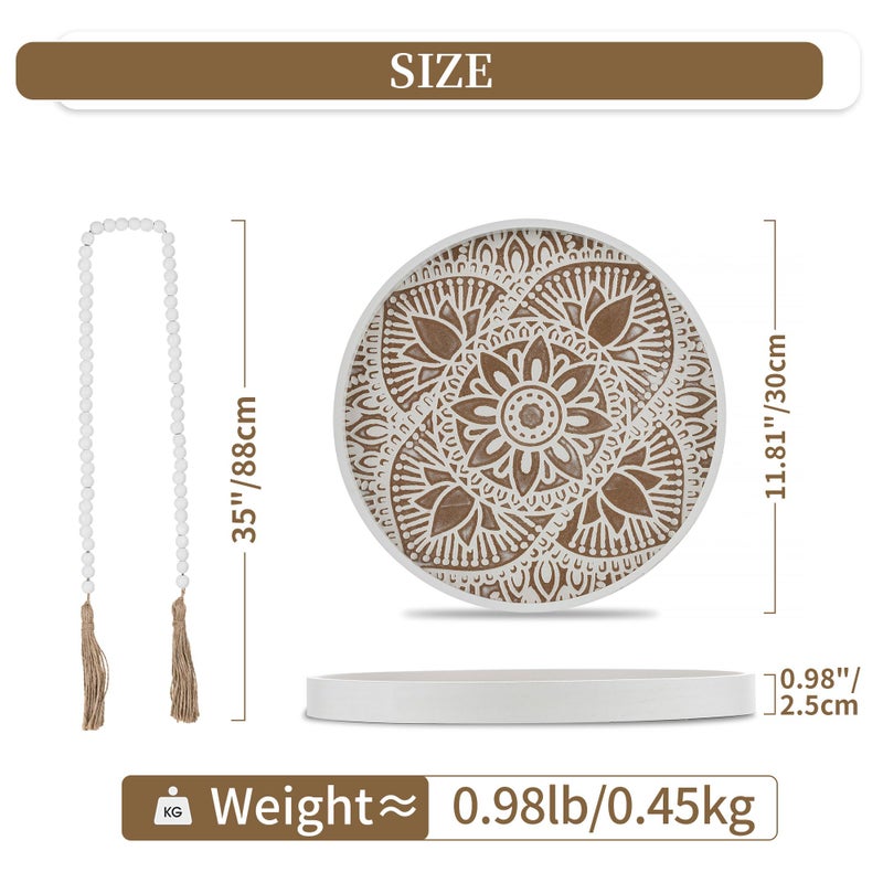 Hanobe Decorative Serving Tray Round: 2Pcs Farmhouse Coffee Table Decor with White Boho Bead Garland - Mandala Trays for Living Room Kitchen Display - Image 4