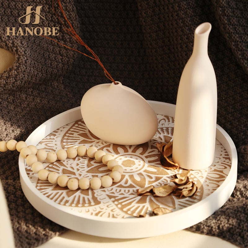 Hanobe Decorative Serving Tray Round: 2Pcs Farmhouse Coffee Table Decor with White Boho Bead Garland - Mandala Trays for Living Room Kitchen Display - Image 2