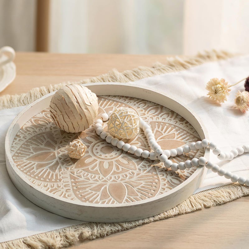 Hanobe Decorative Serving Tray Round: 2Pcs Farmhouse Coffee Table Decor with White Boho Bead Garland - Mandala Trays for Living Room Kitchen Display - Image 1