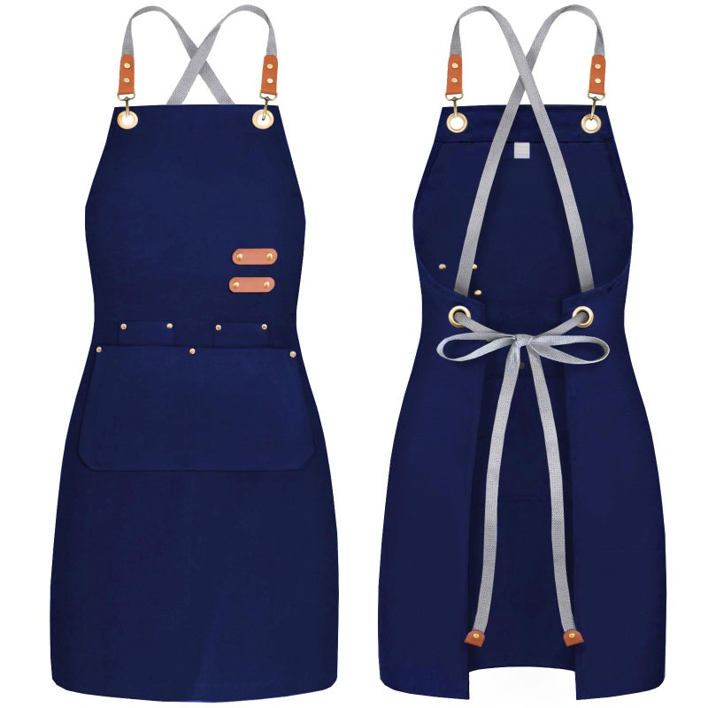 BeLuyi chef apron bib tool apron for man woman cross back straps with 4 pockets for kitchen cooking gardening baking working(Blue) - Image 1